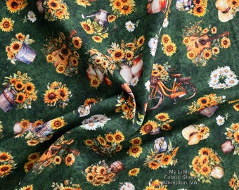 Tkanina bawełniana: Słonecznikowa Serenada Słoneczniki i Rowery 2600-31803-G Zielony firmy QT Fabrics