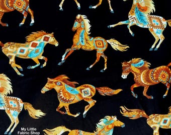 Cotton Fabric: Southwest Print Horses on Black Southwest Sunset West C5035 Brown
