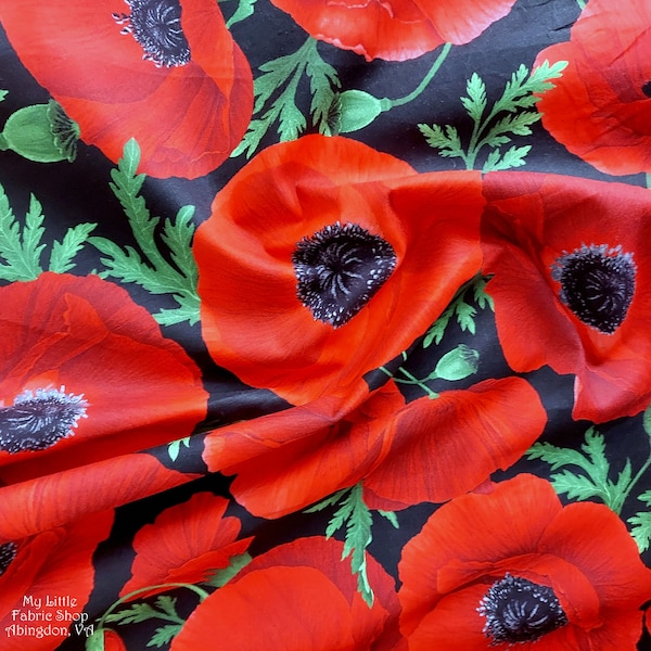 Coquelicot sauvage sur fond noir « Fleur » C8471 par Chong Hwang Tissu en coton pour Timeless Treasures