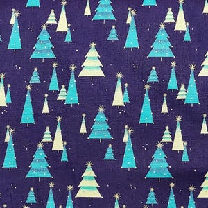 May include: A repeating pattern of stylized Christmas trees in shades of teal and cream on a dark blue background. The trees have star toppers and are dotted with white accents, creating a festive holiday design.