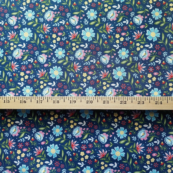 Folkloric Flowers "Fiesta" on Navy DC 10854-Navy-D Cotton Broadcloth Fabric by Monkey Mind Design for Michael Miller