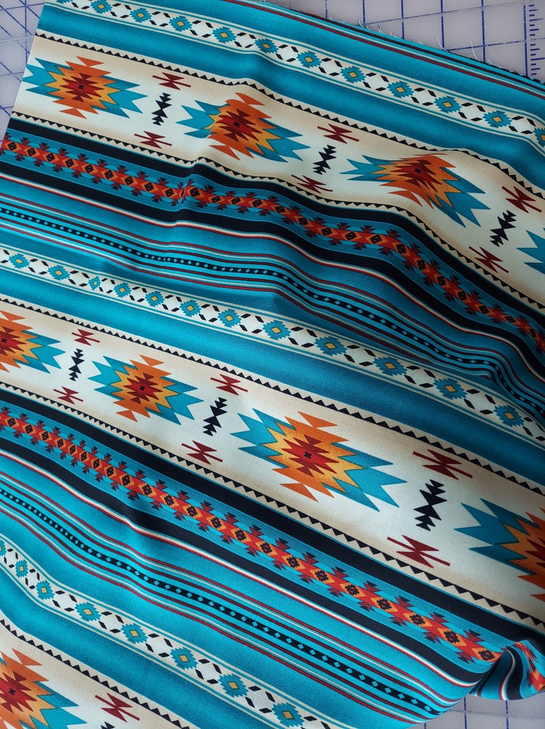 Elizabeth's Studio Tucson Blanket Stripe: 201 Turquoise Cotton Fabric image 1