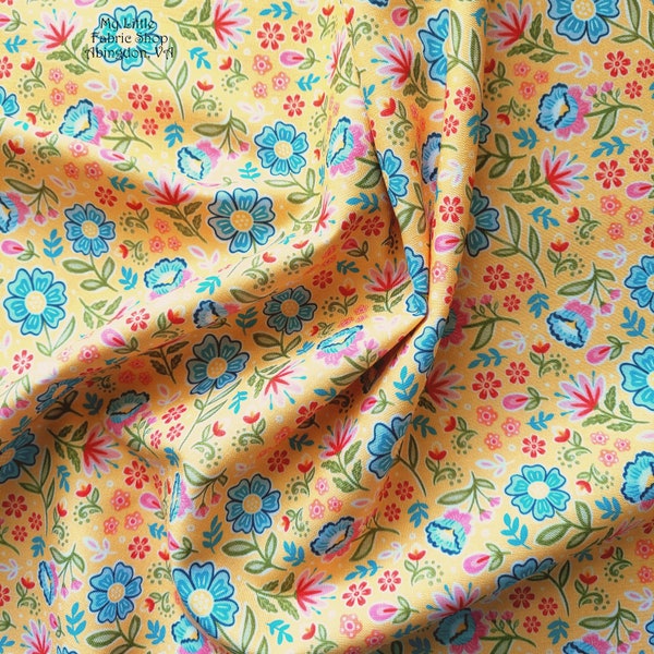 Folkloric Flowers "Fiesta" DC 10854-YELL-D Yellow Cotton Broadcloth Fabric by Monkey Mind Design for Michael Miller