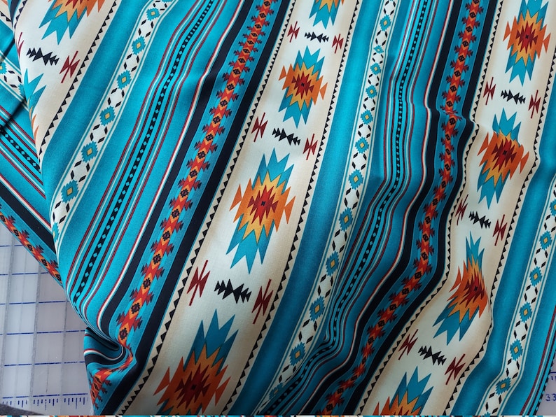 Elizabeth's Studio Tucson Blanket Stripe: 201 Turquoise Cotton Fabric image 4