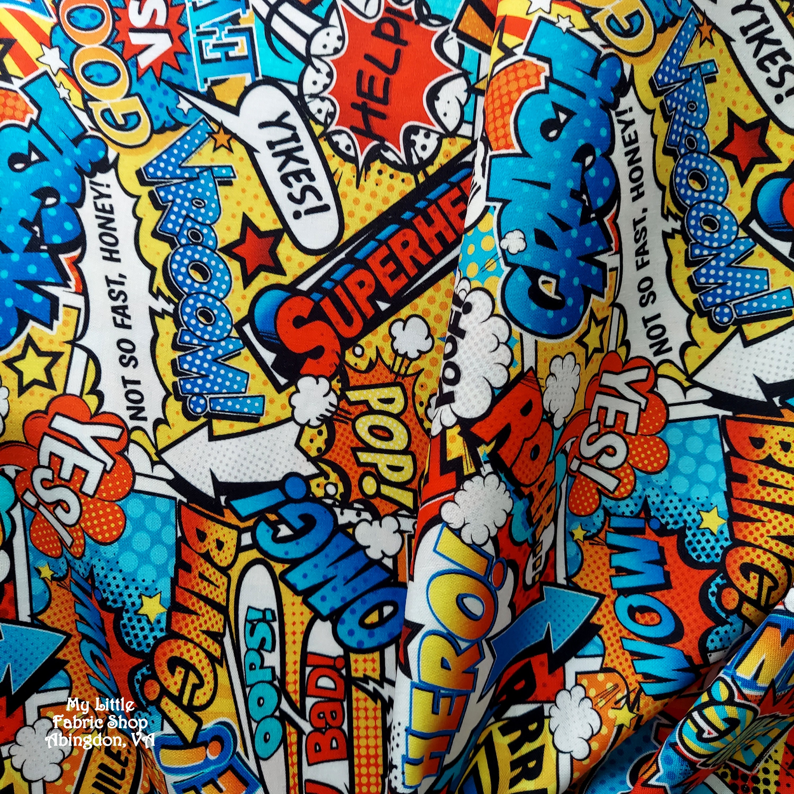 Smash Crash Bang Comic Book Word Bubbles Flannel Fabric 