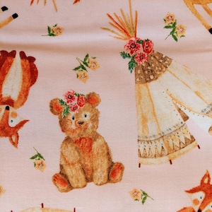 Forest Friends Cotton Fabric: Pink Teepees, Animals, Flowers