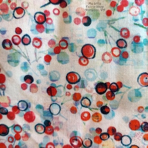 May include: White fabric with a repeating pattern of red, blue and black circles. The circles are outlined in black and have a watercolour effect. The text "My Little Fabric Shop Abingdon, VA" is in the top right corner of the image.