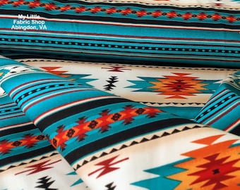Elizabeth&#39;s Studio Tucson Blanket Stripe: 201 Turquoise Cotton Fabric