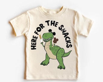 Camiseta de Disney "Here For The Snacks", camiseta divertida para niños "Toy Story Snack Lover", top gráfico de Woody Buzz Rex, camiseta de vacaciones de Hollywood Studios Disney