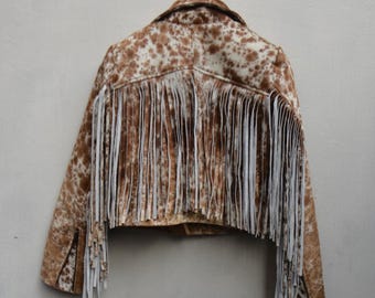 Jaqueta de couro bovino personalizada com franjas e pelo, estilo cowgirl, feita à mão. Jaquetas de couro bovino legítimo.