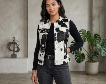 Benutzerdefinierte Rindshaar auf Fell Lederweste Frauen | Western Kuh Print Handgefertigte Biker Weste