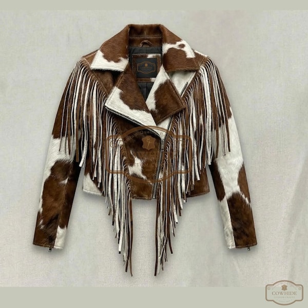 Cowhide Hair On Fringe Leather Jackets Custom Made Western Boho Style Cowgirl Coat