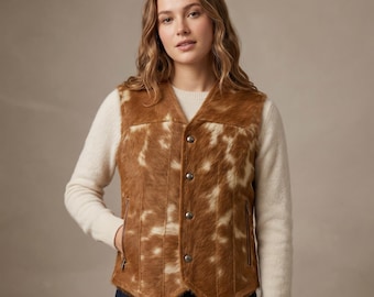 Chaleco de piel de vaca con pelo, hecho a mano para mujer - Chaleco estilo western de piel de vaca auténtica