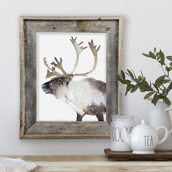 Mixed Media Painting of a Caribou in the Snow - archival print 12"x16"