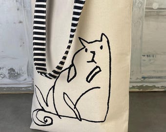 One-of-a kind, Hand Silkscreened, Hand Sewn, Heavy Canvas Tote Bag with Mixed Pattern Lining and Handles - Fat Cat with Floral Patterns