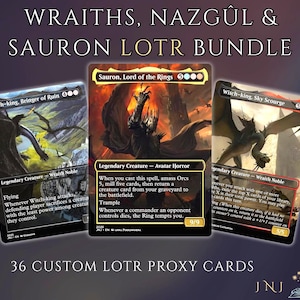 May include: A bundle of 36 custom Lord of the Rings proxy trading cards featuring three displayed cards: Witch-king, Bringer of Ruin, Sauron, Lord of the Rings, and Witch-king, Sky Scourge. The cards display dark fantasy illustrations, text, and stats.