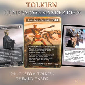 Może przedstawiać: Kolekcja niestandardowych kart kolekcjonerskich Tolkien Humans Commander Deck przedstawiająca Húrin, Lord of Dor-lómin, Túrin Turambar i Númenorean Sentinel. Karty zawierają szczegółowe ilustracje fantasy, tekst i statystyki gry.