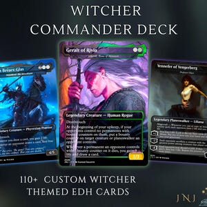 Op de afbeelding: Een Witcher Commander Deck set met meer dan 110 aangepaste EDH-kaarten. De afbeelding toont drie kaarten: Eredin Bréacc Glas, Geralt of Rivia en Yennefer of Vengerberg, elk met unieke karakterillustraties, speltekst en mana-symbolen.