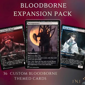 May include: A set of 36 custom Bloodborne themed trading cards featuring dark fantasy illustrations. The cards include Bearer of the Pale Blood, Necropotence, and Choir Hunter, each with black borders, game text, and specific character artwork.