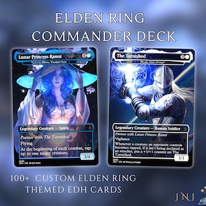 Elden Ring-thema proxy dual-commander deck, blauw/wit control Voltron, meer dan 100 unieke kaarten.