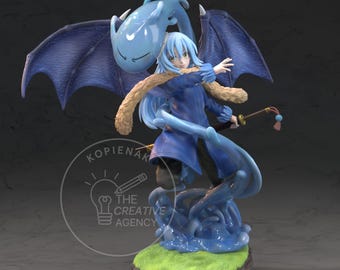 May include: A detailed figurine of a character with light blue hair and a blue outfit, holding a sword. The figure is surrounded by blue water-like effects and has large blue wings. The base is green and brown.