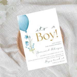 Boy Baby Shower Invitation, It&#39;s a Boy Theme, Blue Florals and Balloons, Editable Digital Invite, Blue Florals Baby Shower Balloons