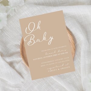 Beige Boho Baby Shower Invitation, Minimalist Design, Neutral Colors, Editable Canva Template, Digital Invite