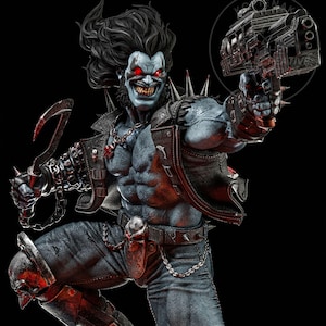May include: A detailed figurine of a muscular character with blue skin, red eyes, and black hair. The figure is wearing a black leather jacket, studded belt, and blue jeans. It holds a gun in one hand and a hook in the other, with a menacing grin.