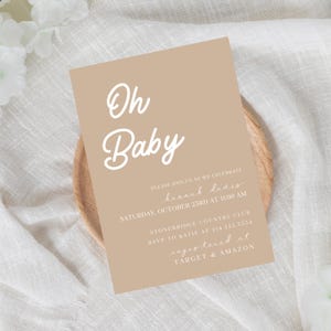 Neutral Baby Shower Invite, Beige Boho Style, Minimalist Design, Editable Canva Template, Digital File