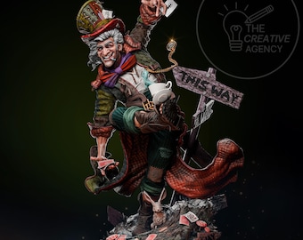 Mad Hatter Fanart STL Statue | Tea Party Gentleman with Cup and Rabbit Base | 3D STL Print File Model Download