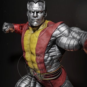 May include: A detailed sculpture of Colossus, a Marvel Comics character. The figure is depicted in a dynamic pose, with a metallic silver head and armored body. The costume features red and yellow accents, with intricate detailing and a determined expression.