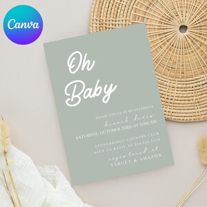 Editable Sage Green Baby Shower Invitation, Boho Neutral Theme, Canva Template, Instant Download, Boho Baby Shower