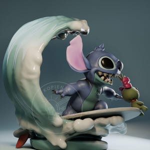 May include: A blue and green Stitch figurine surfing on a wave. The figurine has large ears and a wide grin, holding a small green creature. The wave is white and blue, with the text "KOPIENAK" and "THE CREATIVE AGENCY" visible.
