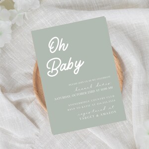 Sage Green Baby Shower Invite, Minimal Boho Style, Editable Canva Template, Gender Neutral, Digital File, Baby Shower Boho Style
