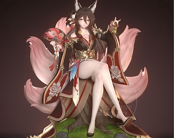 May include: A detailed figurine of a woman with fox ears and nine fluffy tails, seated on a tree stump. She wears a black and red kimono with gold accents, holding a fan. The figure is set against a dark background with a light blue base.