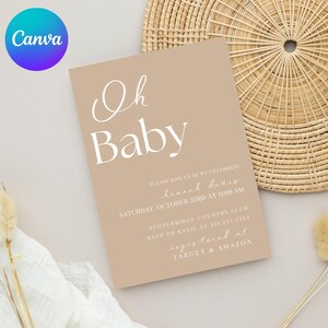 Beige Boho Baby Shower Invitation, Minimalist Design, Neutral Colors, Editable Canva Template, Digital Invite
