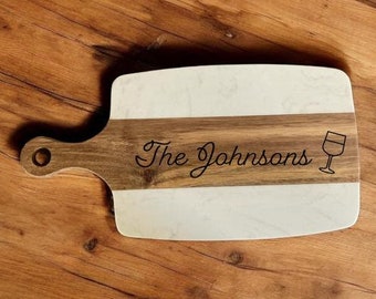 Personalized Acacia Wood & Marble Charcuterie Board: Engraved Serving Tray
