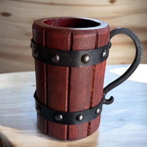 Medieval Wooden Beer Mug - Handcrafted Rustic Tankard made from wood and metal.