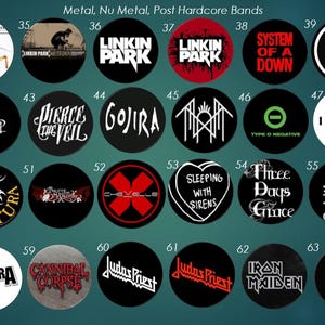 May include: A collection of circular band logos, including Papa Roach, Linkin Park, and System of a Down, against a dark background. The text "Metal, Nu Metal, Post Hardcore Bands" is at the top. Each logo is a different design and color.