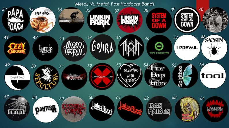 May include: A collection of circular band logos, including Papa Roach, Linkin Park, and System of a Down, against a dark background. The text "Metal, Nu Metal, Post Hardcore Bands" is at the top. Each logo is a different design and color.