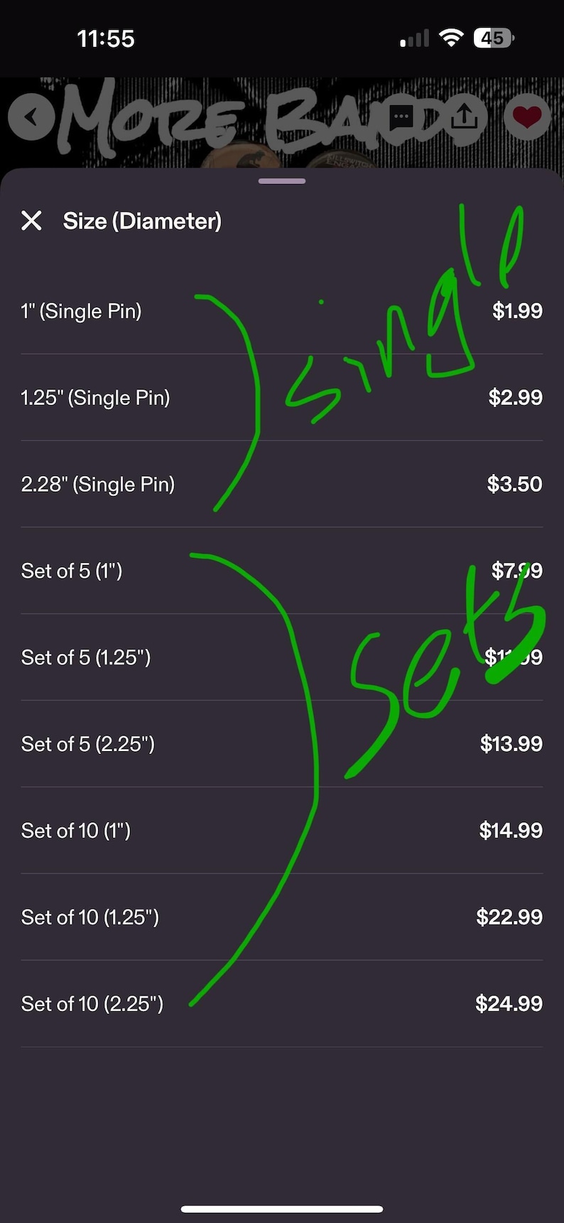 May include: A screenshot of a mobile device displaying a product size chart for single pins and sets of pins. The chart lists sizes from 1" to 2.25" in diameter. The text "MORE BANDO" is at the top.