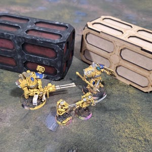 Könnte beinhalten: Zwei rechteckige Aufbewahrungsbehälter, einer schwarz mit roten Akzenten und der andere hellbraun, stehen neben drei Miniaturfiguren mit goldener und blauer Rüstung, die Waffen halten. Die Miniaturen stehen auf kreisförmigen Sockeln.