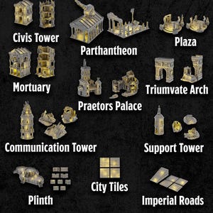 May include: A product guide for ZOR PSECTOR ROME, featuring miniature models of Roman architecture and military structures. Includes Civis Tower, Parthenon, Plaza, Mortuary, Triumvate Arch, Praetors Palace, and more. The text "File Guide" is at the top.