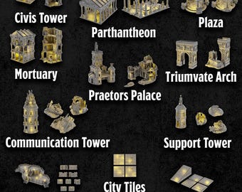 May include: A product guide for ZOR PSECTOR ROME, featuring miniature models of Roman architecture and military structures. Includes Civis Tower, Parthenon, Plaza, Mortuary, Triumvate Arch, Praetors Palace, and more. The text "File Guide" is at the top.