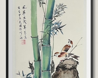 手描きの伝統的な中国の竹とスズメの水墨画 - 東洋の自然の壁装飾