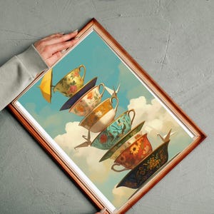 May include: A stack of colorful teacups with floral patterns, each with a saucer, are stacked on top of each other against a blue sky with white clouds. A yellow umbrella is in the background.