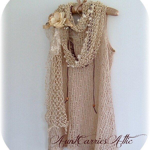 Long Scarf Knotted  Fishnet Repurposed Vintage Rustic Woodland with Corsage