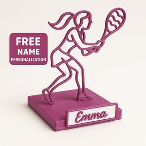 Personalized 3D‑Printed Tennis Player Line Art Sculpture – Custom Name Plaque – Galaxy Fuchsia Sparkle Gift for Coach, Player or Desk Décor