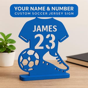 Personalized Soccer Jersey Desk Sign – Soccer Gift, Team Color Trophy, Sports Fan Desk Décor, Coach Award, Soccer Room Accessory, him & her