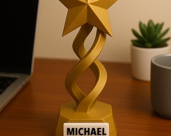 Custom Twist-Star Trophy – Personalized Nameplate, Detachable White Plaque, Galaxy-Gold Award,  | Fantasy League | Graduation Gift